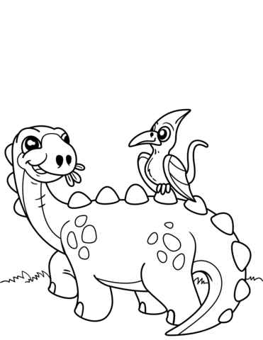 Cute Dinosaur With Pteranodon Coloring Page